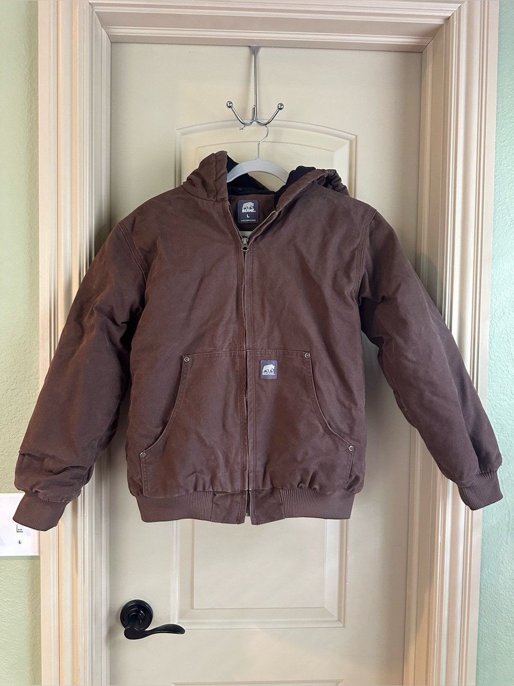 Boy’s Berne Hooded Heavy Coat; Dark Brown; Size Youth Large (14/16)